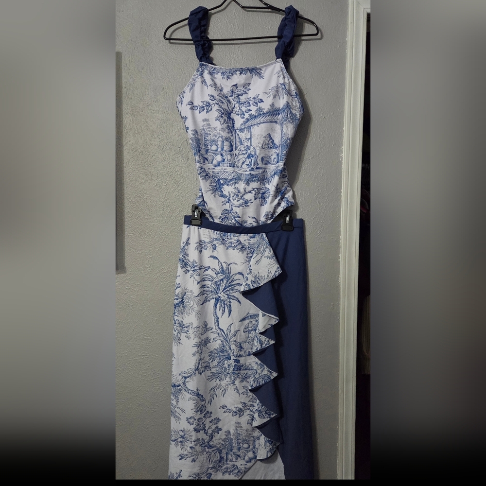 Blue and White Ruffled Swimsuit and Skirt Set - Picture 2 of 2